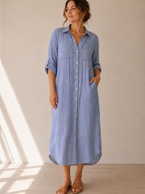 Blue Island Button Down Gauze Sear Sucker Dress.